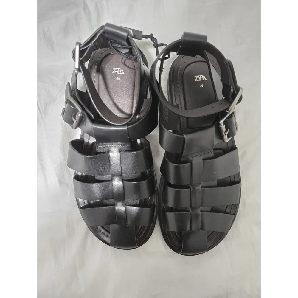 Zara Fisherman Leather Sandal Lug Sole Black Size EU 39 NWOB $89 - Picture 2 of 8
